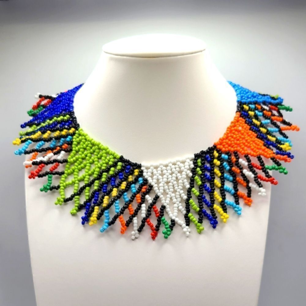 Tribal African Zulu handmade beaded collar necklace, colorful seed beads